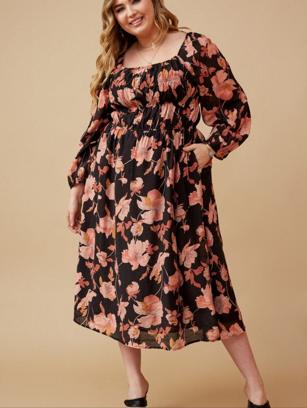Plus Size Romantic Floral Square Neck Peasant Smocked Dress Hayden Los Angeles